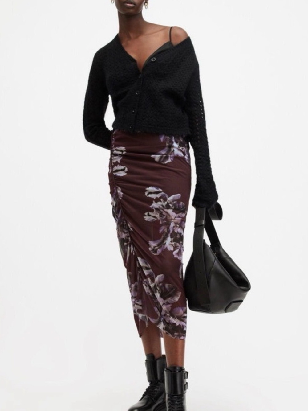 All Saints Floral Mesh Skirt in Dark Purple